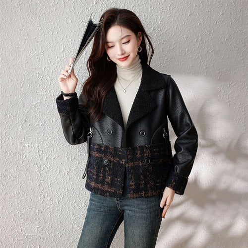 Women’s Plus Size Fur Coat – Loose Winter Jacket in Khaki & Black Plaid