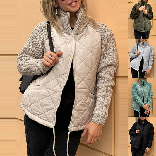 Women’s Stand Collar Cotton Jacket – Knitted Stitch Zipper Coat with Pockets, Winter Warm Tops