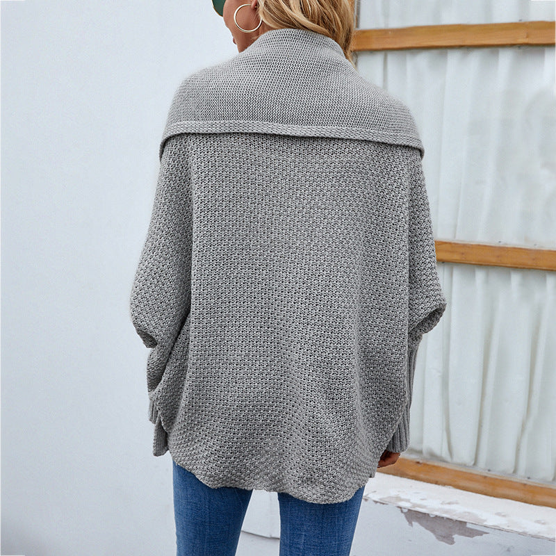 Women’s Loose Knitted Sweater – Solid Color Bat Sleeve Large Lapel Cardigan for Autumn & Winter