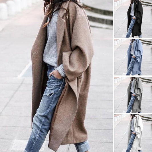 Women’s Long Woolen Coat – Casual Single-Breasted Lapel Jacket with Pockets, Solid Color Winter Wea