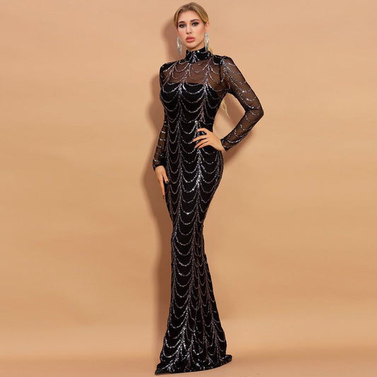 Women’s Sequined Maxi Dress – Long Sleeve Elegant Party Evening Gown
