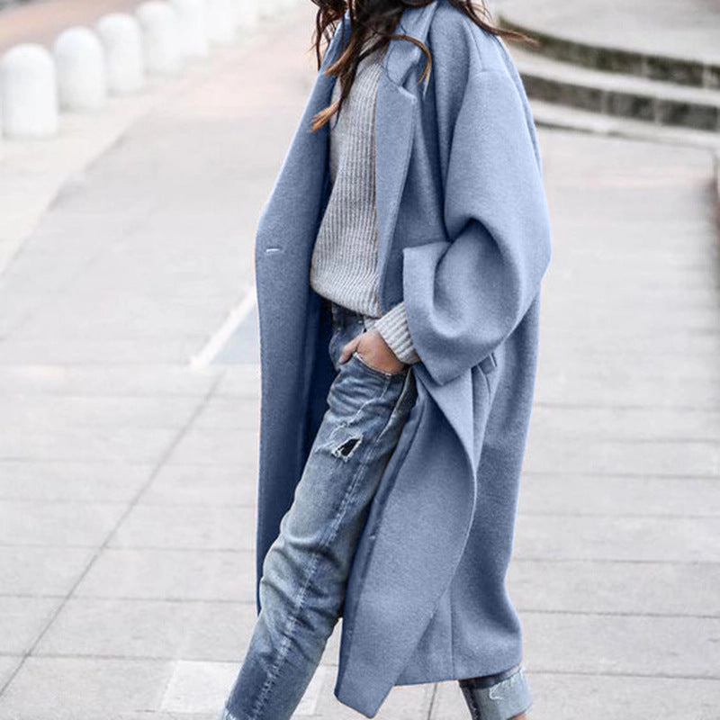 Women’s Long Woolen Coat – Casual Single-Breasted Lapel Jacket with Pockets, Solid Color Winter Wea