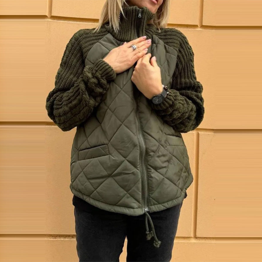 Women’s Stand Collar Cotton Jacket – Knitted Stitch Zipper Coat with Pockets, Winter Warm Tops