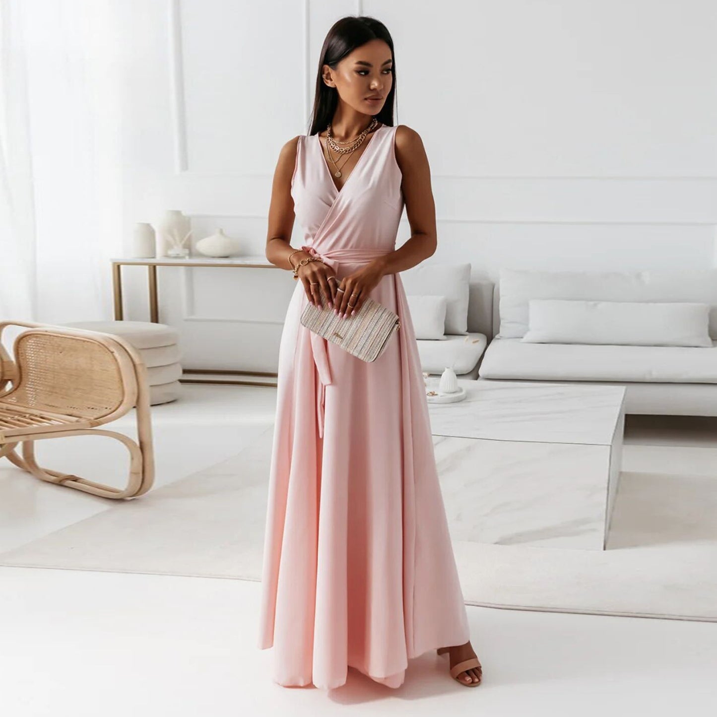 Women’s V-Neck Sleeveless Maxi Dress with Belt – Elegant Summer Party, Club & Evening Dress