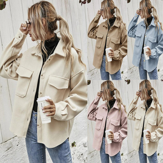Women’s Winter Lapel Coat – Single-Breasted Thick Woolen Short Jacket, Solid Color Outerwear