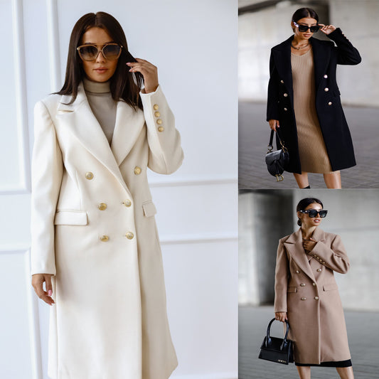 Women’s Tweed Jacket with Metal Buckle – Elegant Long Coat for Autumn & Winter