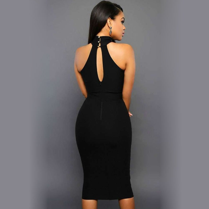 Sexy Women’s Party Dress – Hanging Neck Midi Dress with Splicing Design