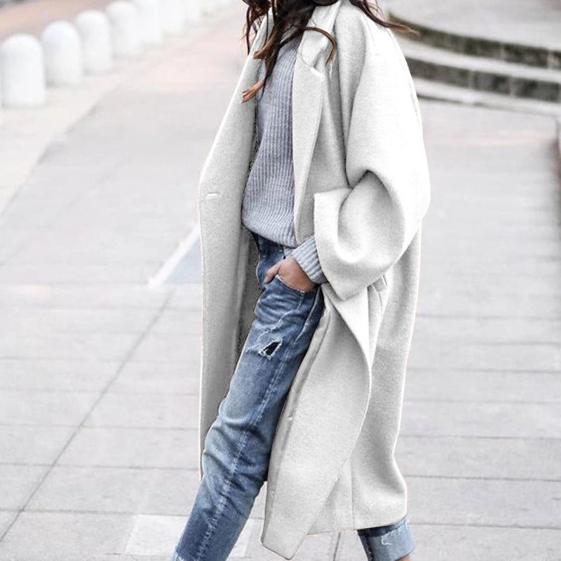 Women’s Long Woolen Coat – Casual Single-Breasted Lapel Jacket with Pockets, Solid Color Winter Wea