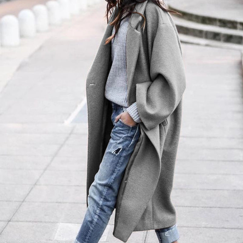 Women’s Long Woolen Coat – Casual Single-Breasted Lapel Jacket with Pockets, Solid Color Winter Wea