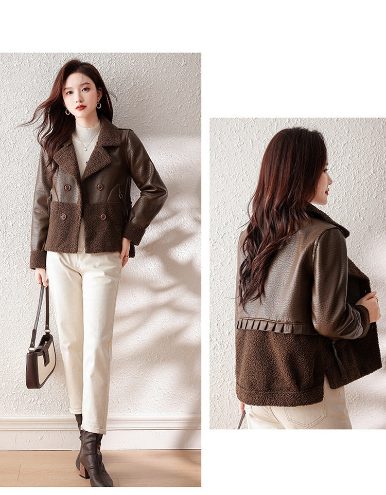 Women’s Plus Size Fur Coat – Loose Winter Jacket in Khaki & Black Plaid