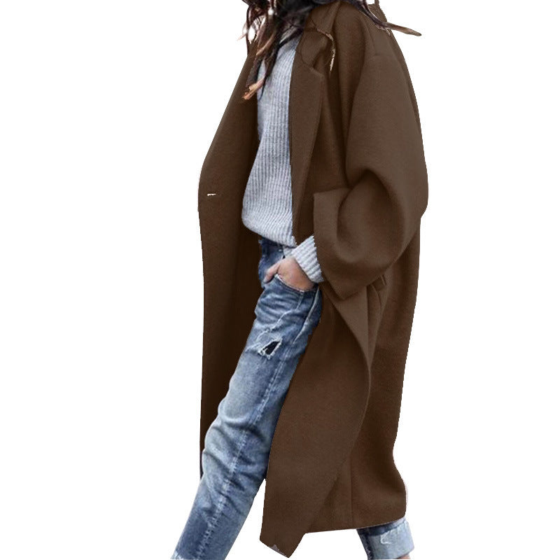 Women’s Long Woolen Coat – Casual Single-Breasted Lapel Jacket with Pockets, Solid Color Winter Wea