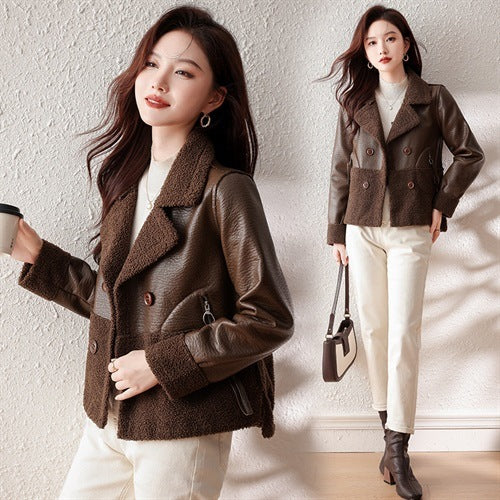 Women’s Plus Size Fur Coat – Loose Winter Jacket in Khaki & Black Plaid