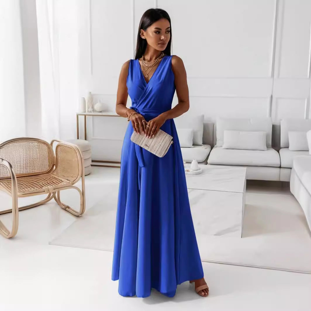 Women’s V-Neck Sleeveless Maxi Dress with Belt – Elegant Summer Party, Club & Evening Dress