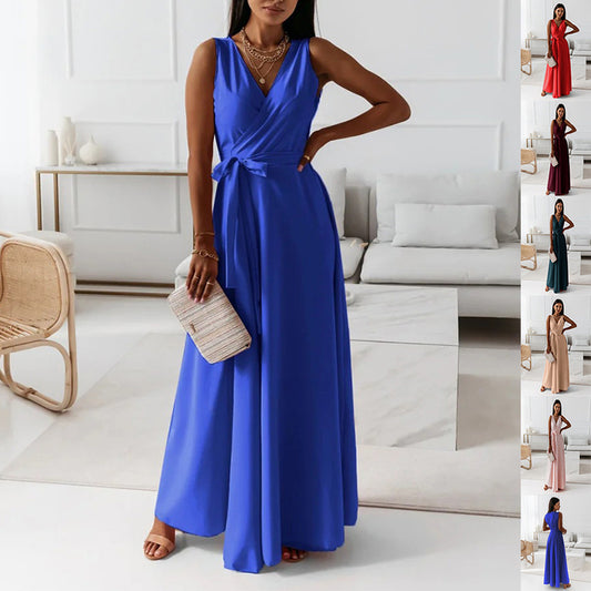 Women’s V-Neck Sleeveless Maxi Dress with Belt – Elegant Summer Party, Club & Evening Dress