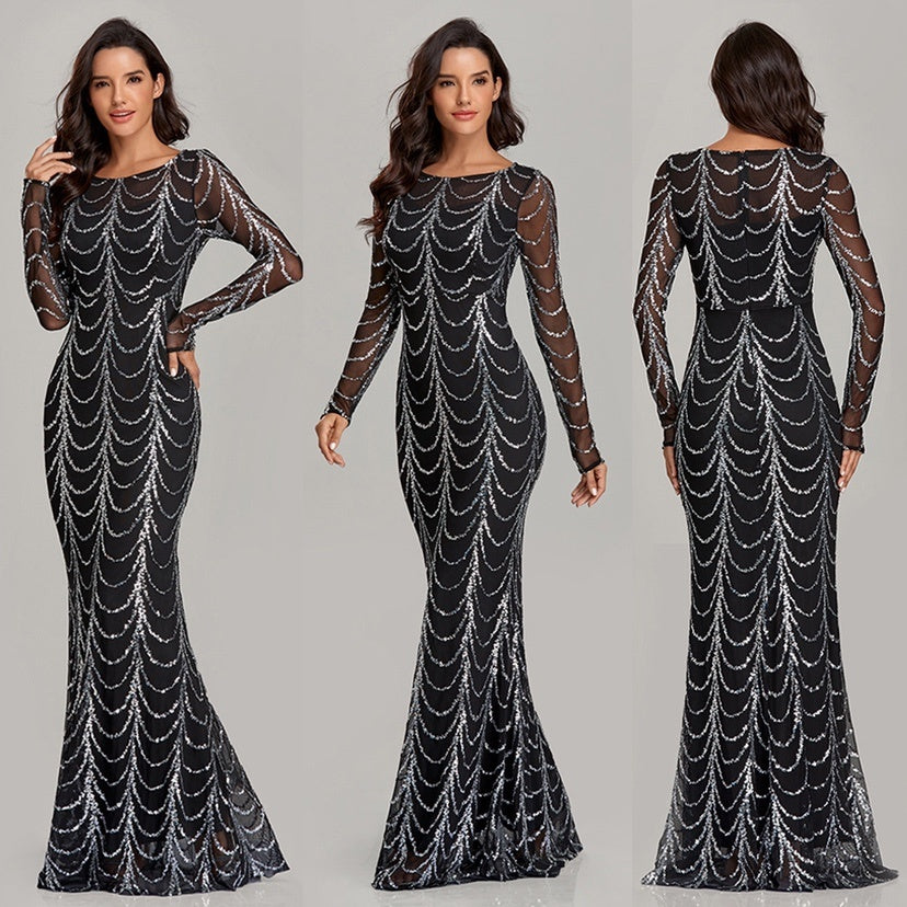 Women’s Sequined Maxi Dress – Long Sleeve Elegant Party Evening Gown