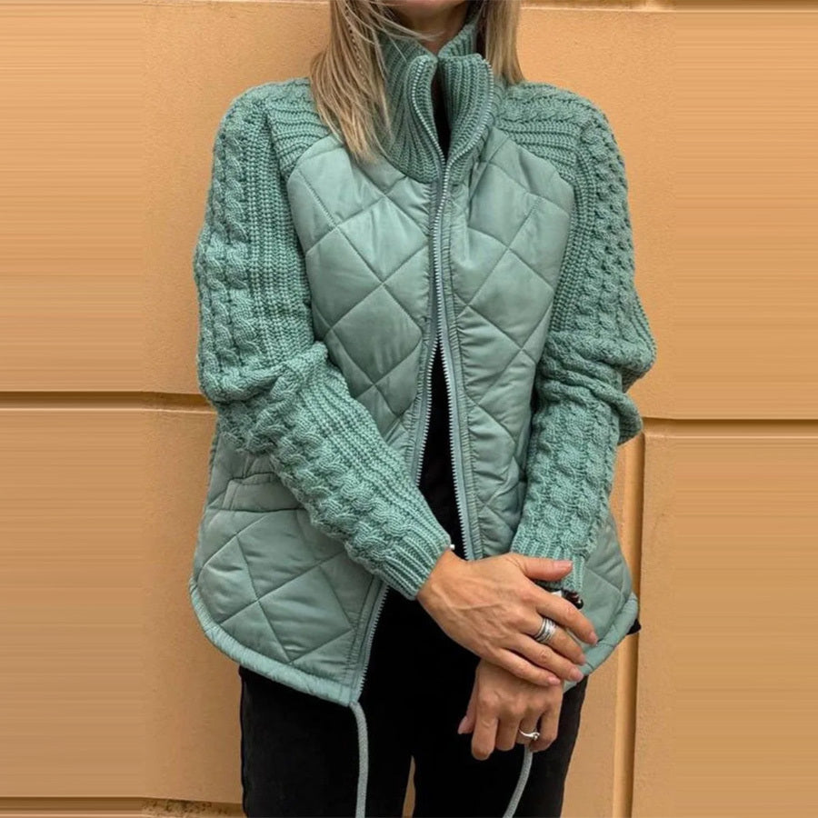 Women’s Stand Collar Cotton Jacket – Knitted Stitch Zipper Coat with Pockets, Winter Warm Tops