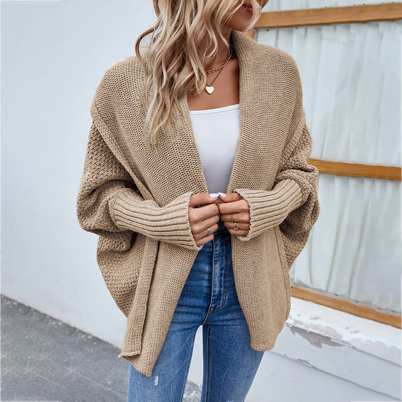 Women’s Loose Knitted Sweater – Solid Color Bat Sleeve Large Lapel Cardigan for Autumn & Winter