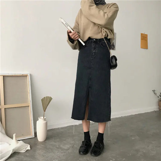 Women’s High-Waist Denim Skirt – A-Line Mid-Length Autumn & Winter Fashion