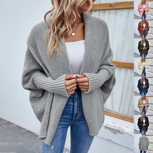 Women’s Loose Knitted Sweater – Solid Color Bat Sleeve Large Lapel Cardigan for Autumn & Winter