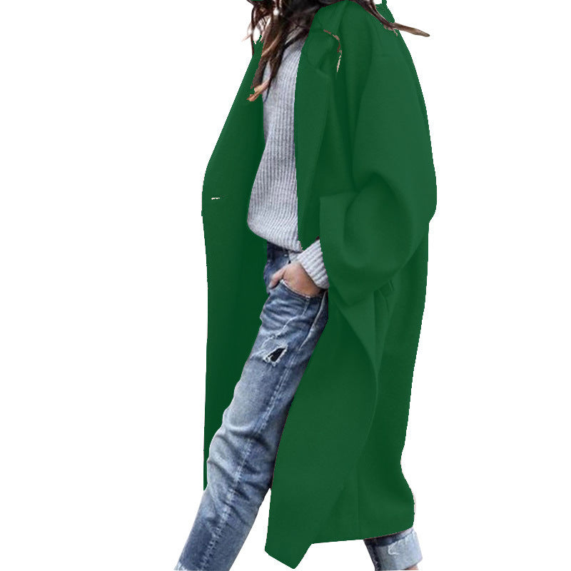 Women’s Long Woolen Coat – Casual Single-Breasted Lapel Jacket with Pockets, Solid Color Winter Wea