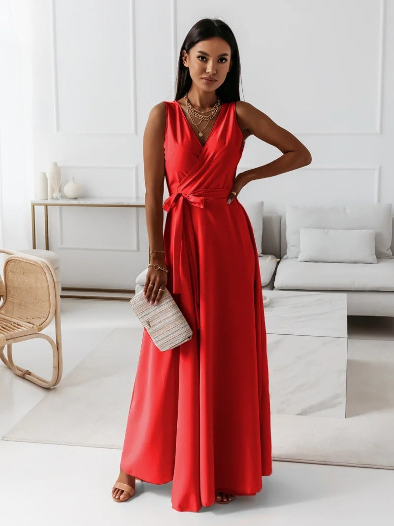 Women’s V-Neck Sleeveless Maxi Dress with Belt – Elegant Summer Party, Club & Evening Dress