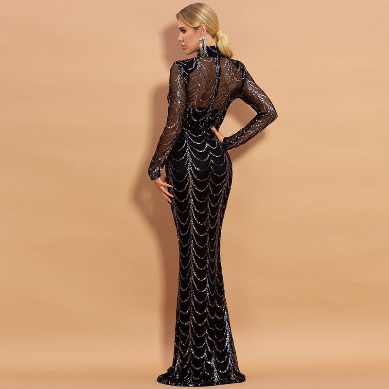 Women’s Sequined Maxi Dress – Long Sleeve Elegant Party Evening Gown