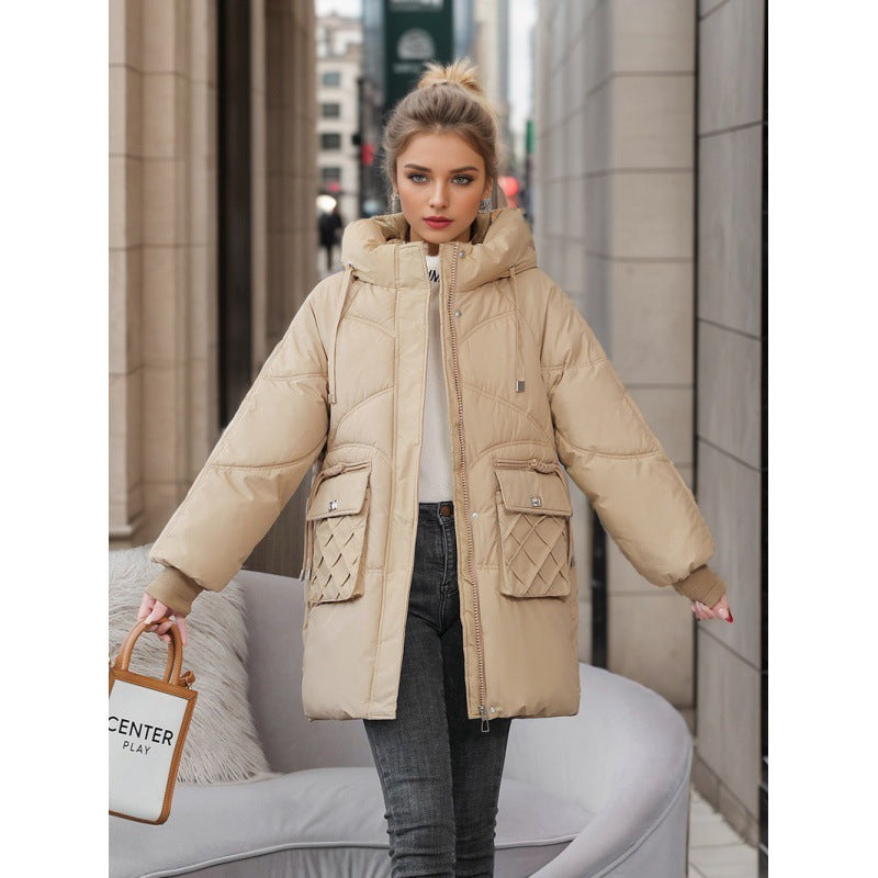 Women’s Hooded Winter Coat – Warm Thick Cotton Jacket with Pockets, Solid Color Outerwear