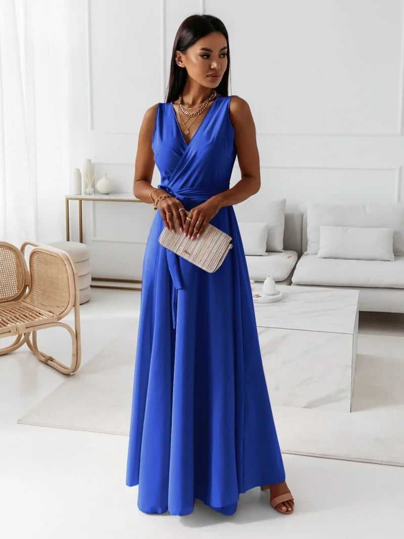 Women’s V-Neck Sleeveless Maxi Dress with Belt – Elegant Summer Party, Club & Evening Dress