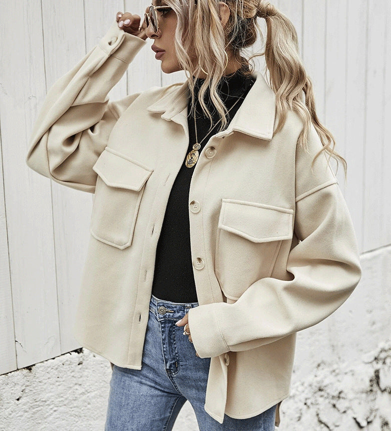 Women’s Winter Lapel Coat – Single-Breasted Thick Woolen Short Jacket, Solid Color Outerwear