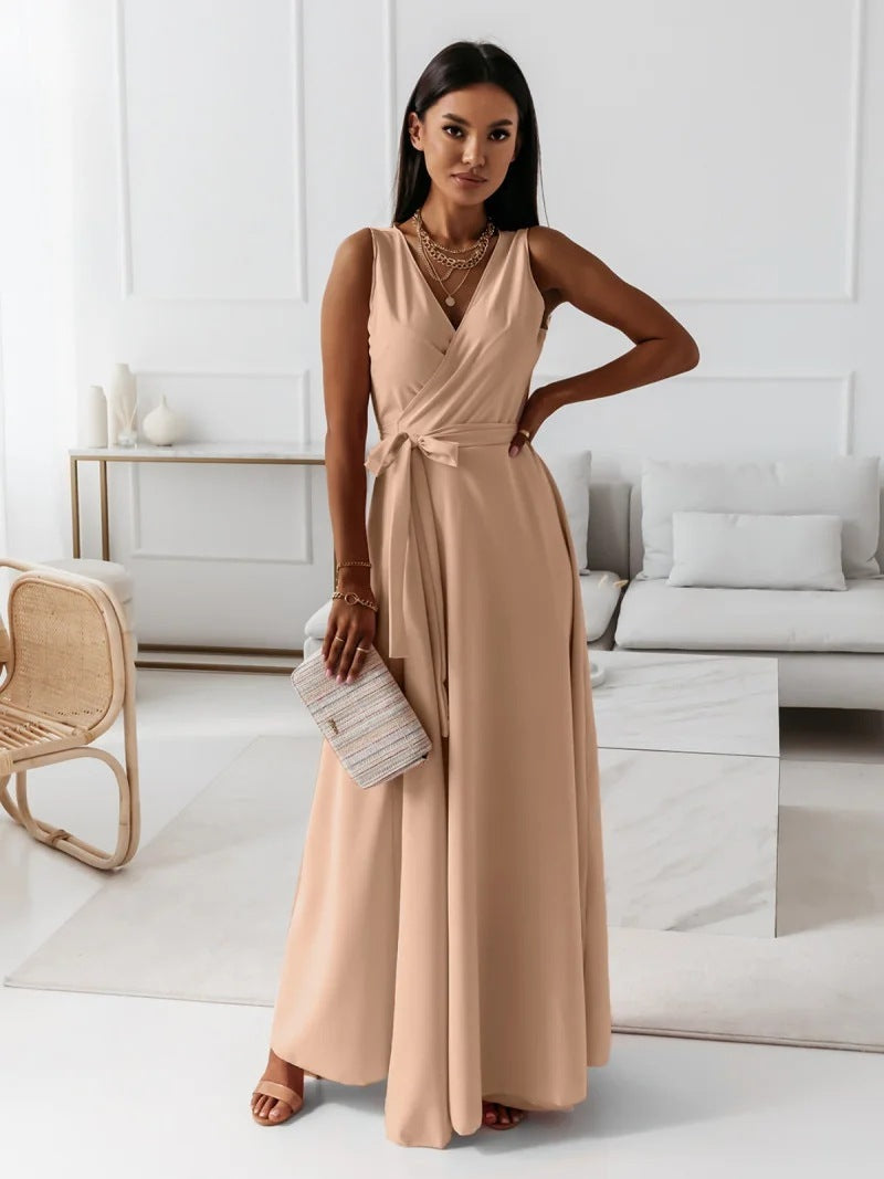 Women’s V-Neck Sleeveless Maxi Dress with Belt – Elegant Summer Party, Club & Evening Dress