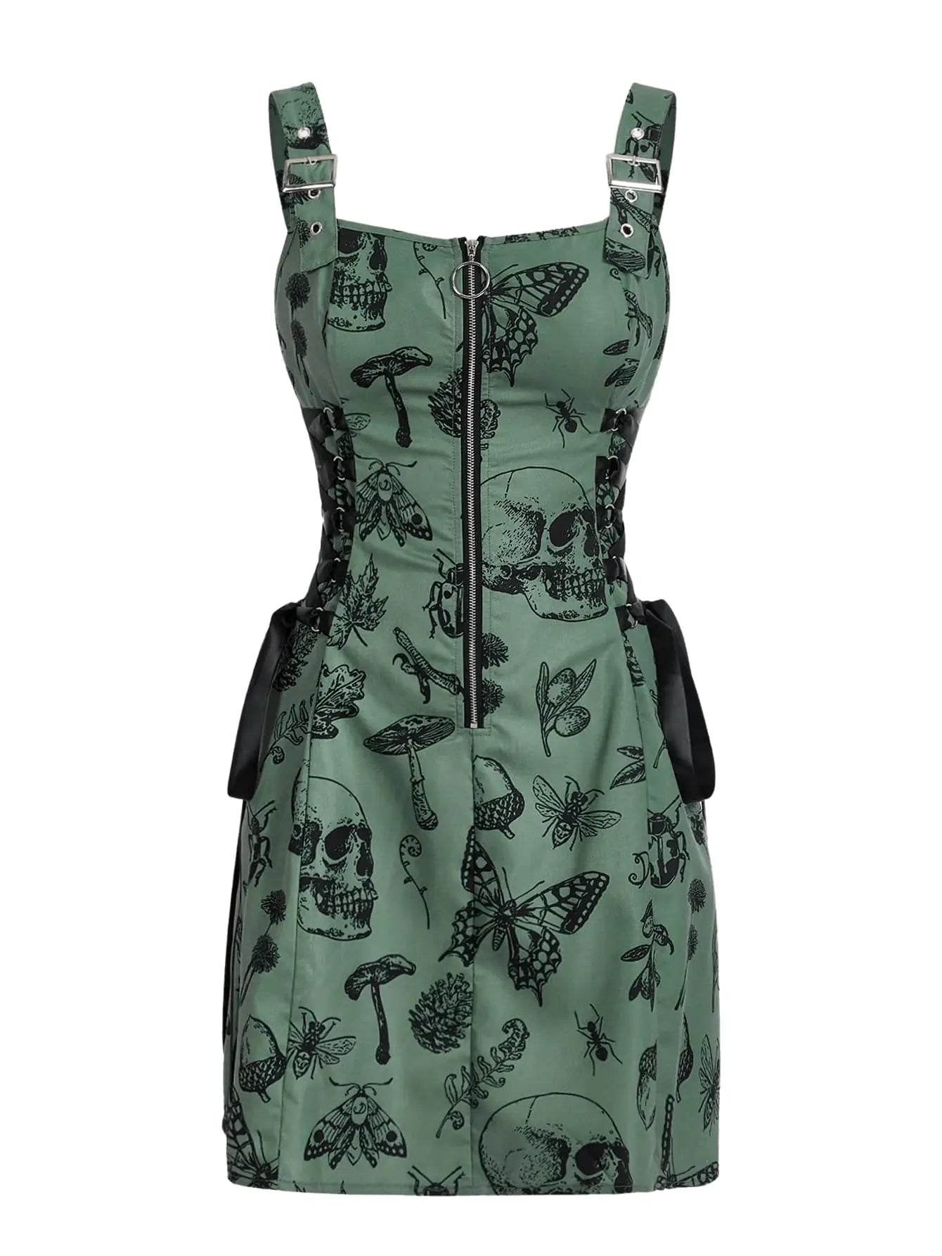 Green dress with black pattern on a white background