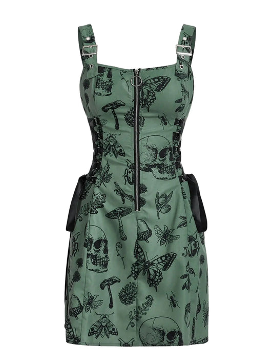 Green dress with black pattern on a white background