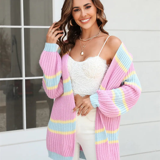 Women’s Striped Cardigan – Loose Medium-Length Sweater for Autumn & Winter