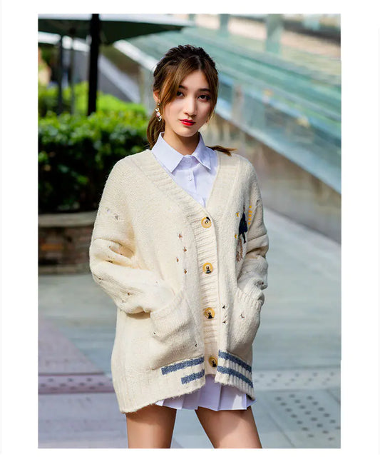 Women’s Elegant Winter V-Neck Sweater – Embroidered Korean-Style Cardigan