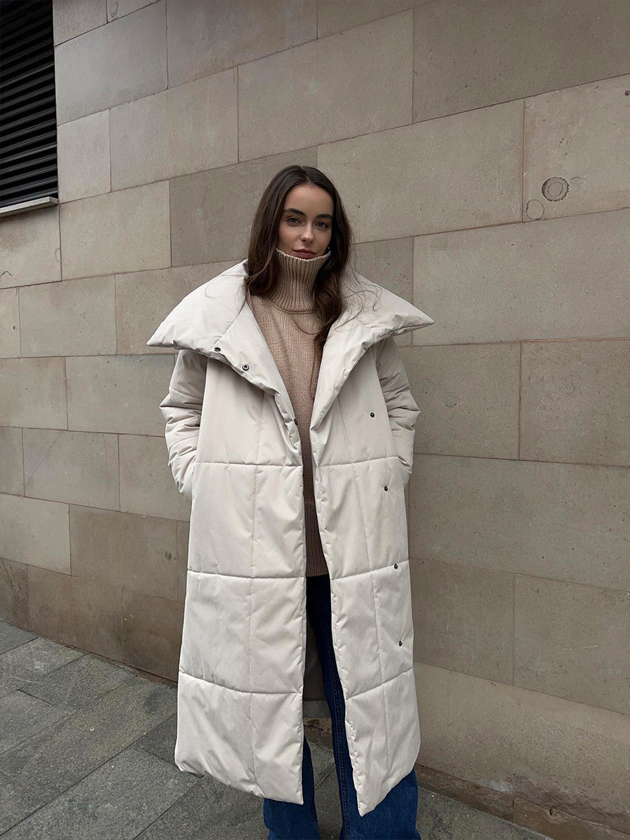 Women’s Large Lapel Long Coat – Winter Cotton Jacket with Pockets & Lace-Up Design, Thick Solid Color Outerwear