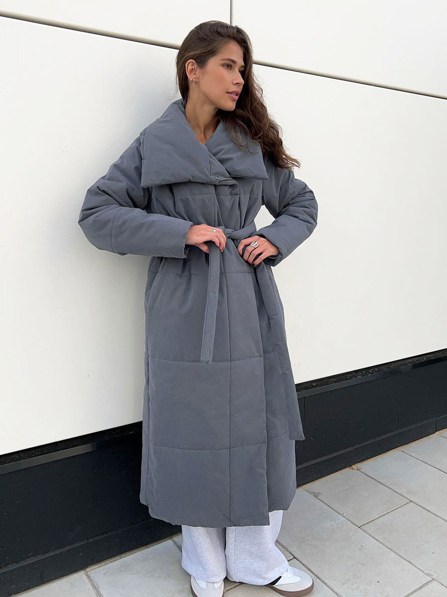 Women’s Large Lapel Long Coat – Winter Cotton Jacket with Pockets & Lace-Up Design, Thick Solid Color Outerwear