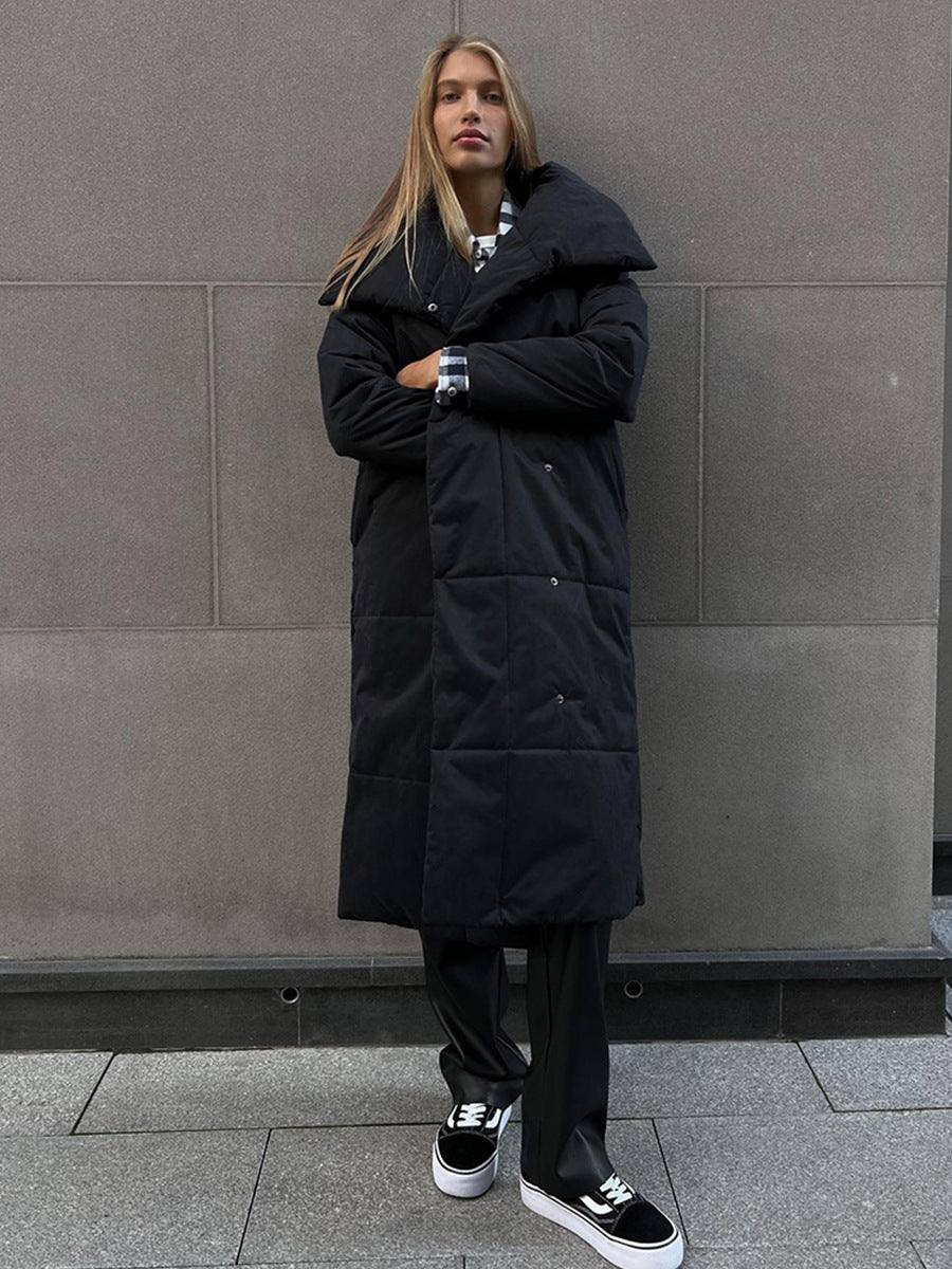 Women’s Large Lapel Long Coat – Winter Cotton Jacket with Pockets & Lace-Up Design, Thick Solid Color Outerwear