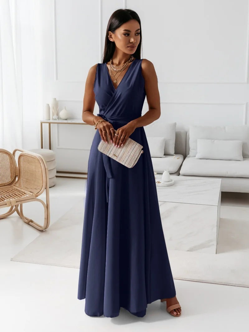 Women’s V-Neck Sleeveless Maxi Dress with Belt – Elegant Summer Party, Club & Evening Dress