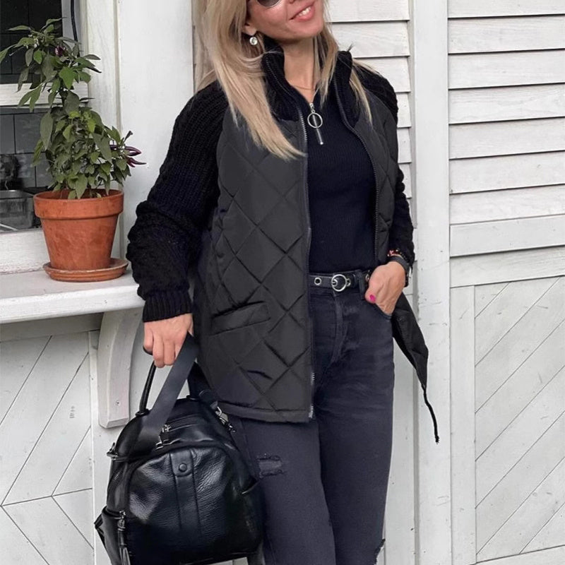 Women’s Stand Collar Cotton Jacket – Knitted Stitch Zipper Coat with Pockets, Winter Warm Tops