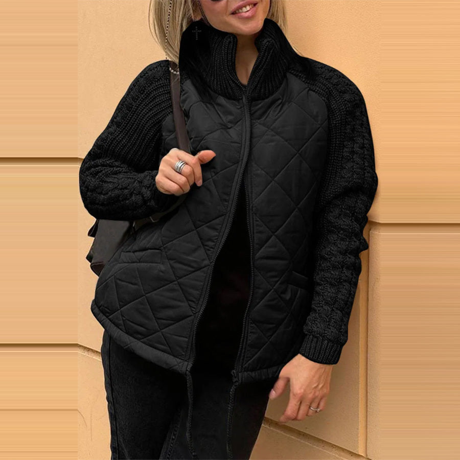 Women’s Stand Collar Cotton Jacket – Knitted Stitch Zipper Coat with Pockets, Winter Warm Tops