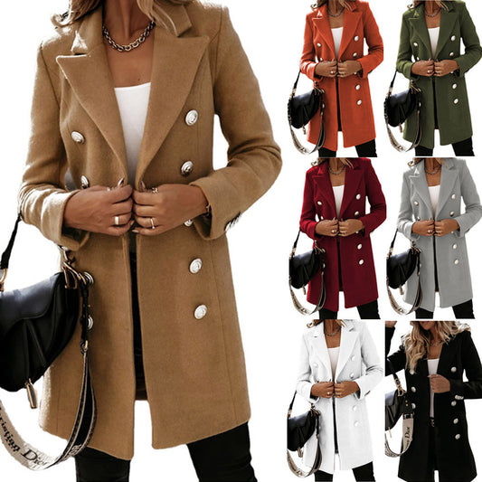 Women’s Double-Breasted Woolen Coat – Fashion Turndown Collar Long Jacket for Autumn & Winter