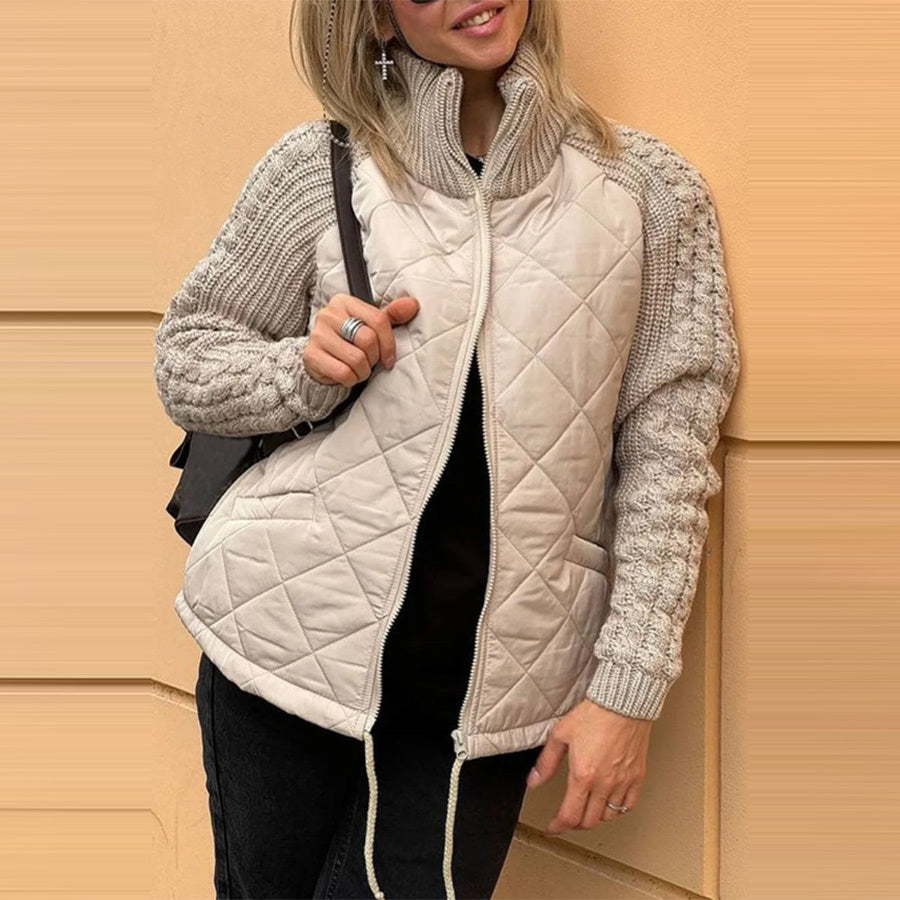 Women’s Stand Collar Cotton Jacket – Knitted Stitch Zipper Coat with Pockets, Winter Warm Tops