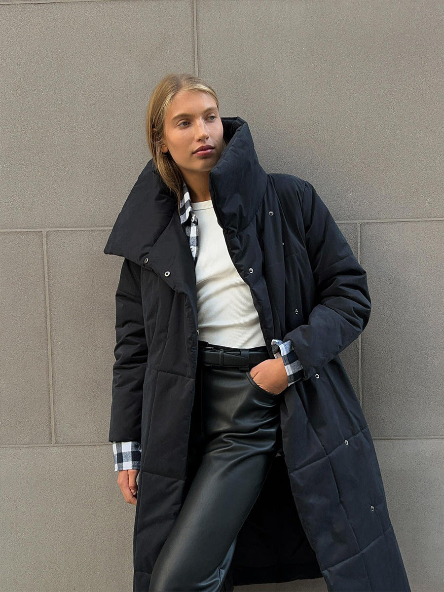 Women’s Large Lapel Long Coat – Winter Cotton Jacket with Pockets & Lace-Up Design, Thick Solid Color Outerwear