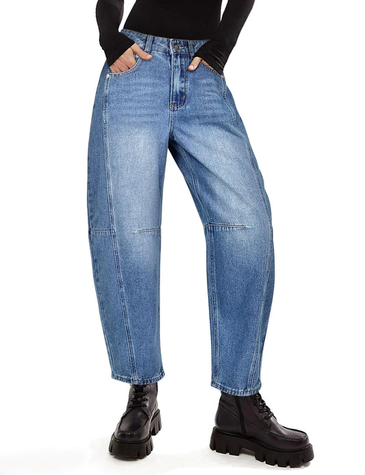 POTILI Mid-Rise Leopard Print Cropped Jeans for Women – Trendy Boyfriend Barrel Leg Denim