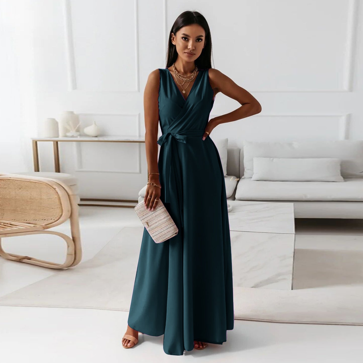 Women’s V-Neck Sleeveless Maxi Dress with Belt – Elegant Summer Party, Club & Evening Dress