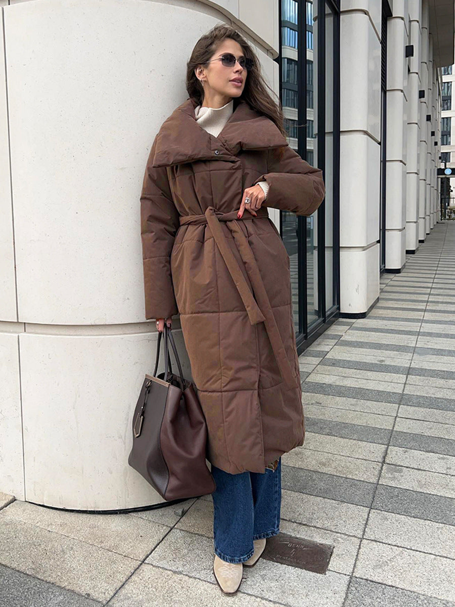 Women’s Large Lapel Long Coat – Winter Cotton Jacket with Pockets & Lace-Up Design, Thick Solid Color Outerwear