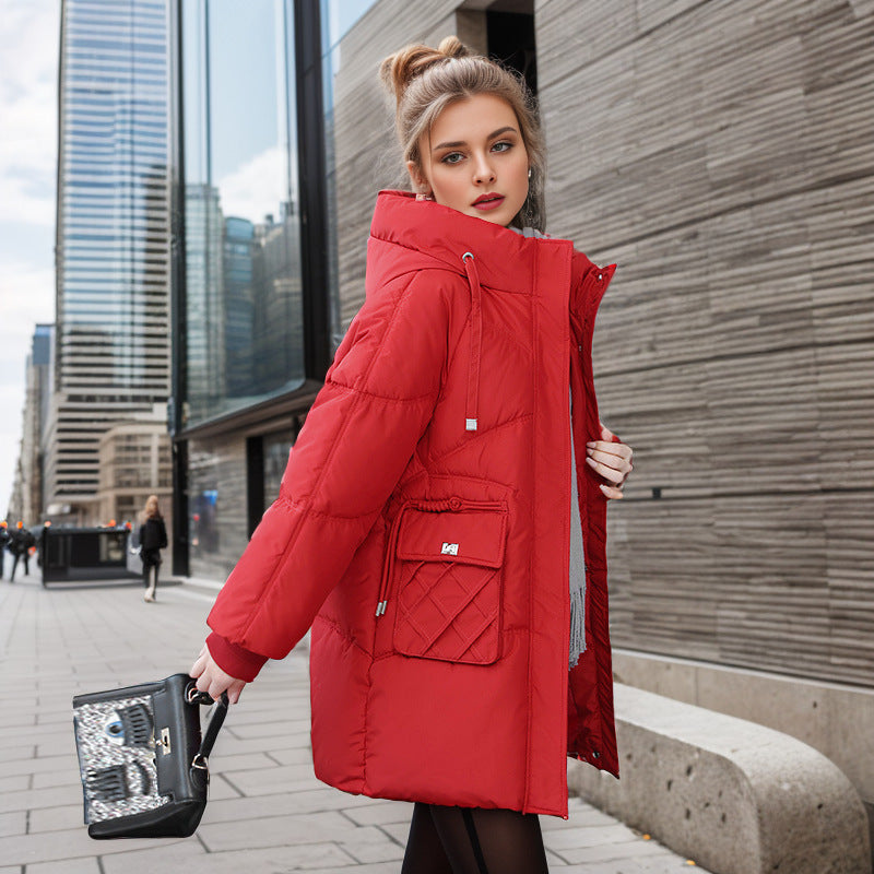 Women’s Hooded Winter Coat – Warm Thick Cotton Jacket with Pockets, Solid Color Outerwear