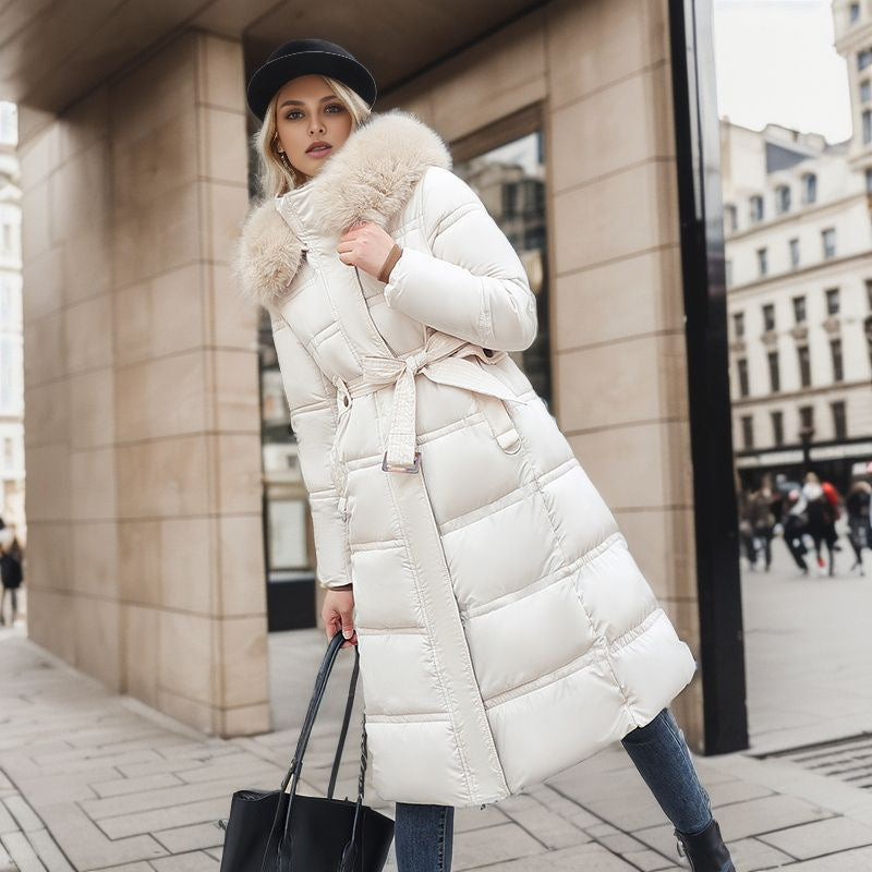 Women’s Slim Long Winter Jacket – Hooded Coat with Fur Collar & Belted Design