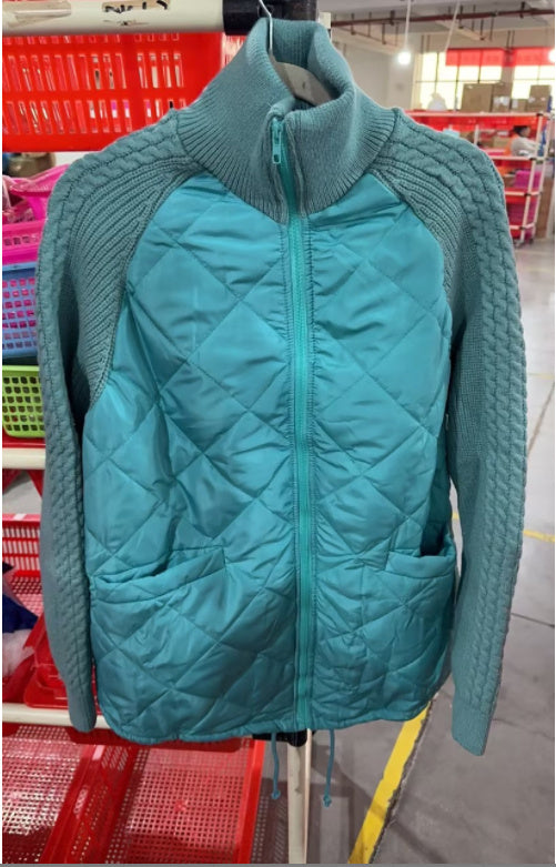 Women’s Stand Collar Cotton Jacket – Knitted Stitch Zipper Coat with Pockets, Winter Warm Tops