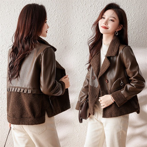 Women’s Plus Size Fur Coat – Loose Winter Jacket in Khaki & Black Plaid